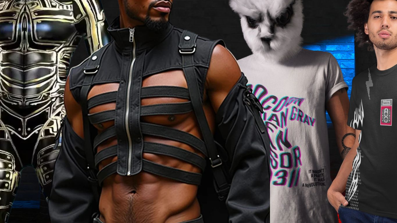 Mann im Rave Outfit mit Netzshirt und Bauchtasche auf Festival