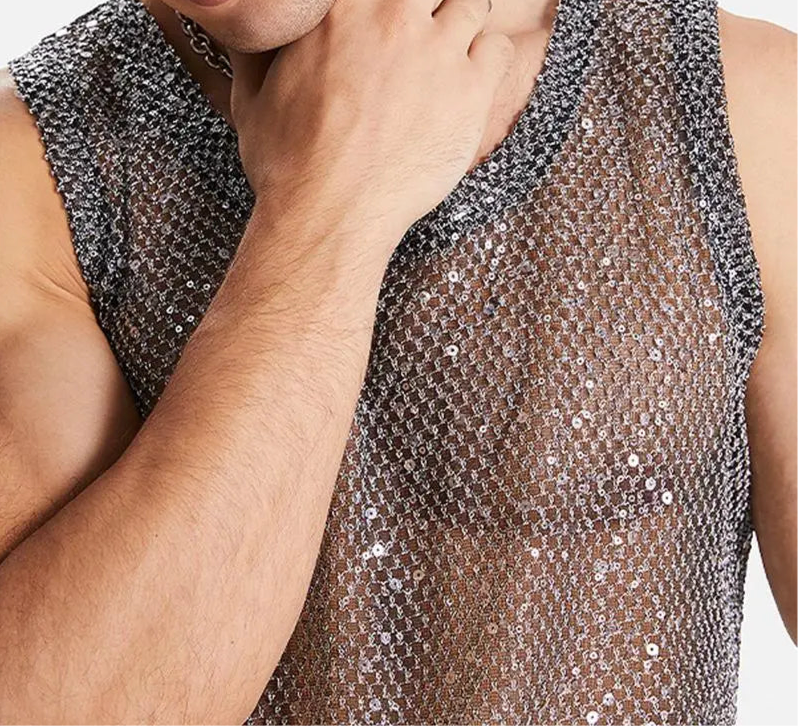 Glitter Sequin Tank Tops Men Festival Outfits | Techno Shirts | Rave Clothing