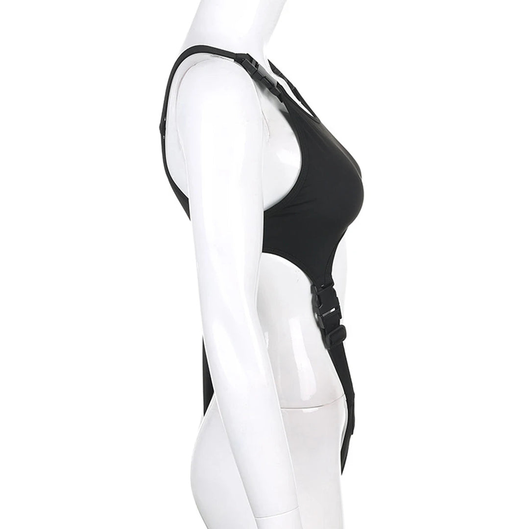 Sexy ärmelloser Body schwarz | Festival Outfits Damen | Techno Shirts | Rave Clothing