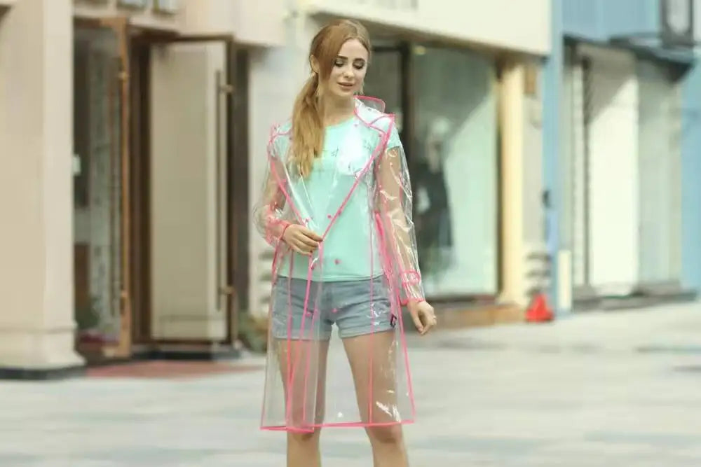 Wasserdichter, transparenter Kunststoff, durchsichtig, lange Damen-Regenmäntel, Damen- und Herrenmode, Regenmantel, Jacken mit Kapuze und Gürtel Festival Outfits | Techno Shirts | Rave Clothing