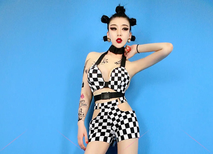 DS Kostüm Sängerin Dj Bar Nachtclub Rave Outfit Jazz Dance Kleidung Gitter Bh Shorts Frauen Pole Dance Tragen DNV13135 Festival Outfits | Techno Shirts | Rave Clothing