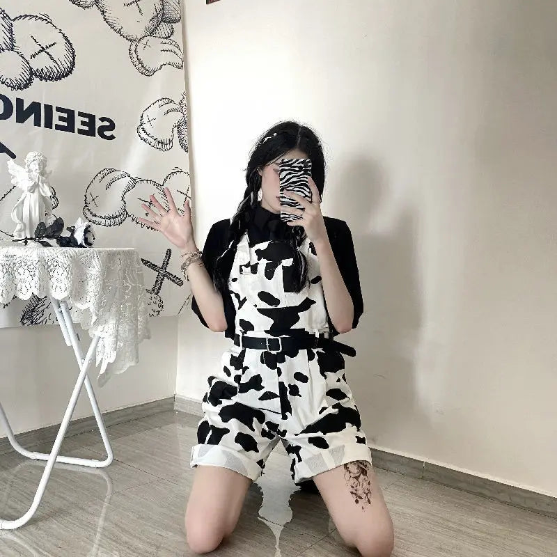 Street Hip-hop Harajuku Girl Cow Print Oneies for Women Black White Plaid Overalls Casual Jumpsuit Trousers Baggy Pants Festival Outfits | Techno Shirts | Rave Clothing