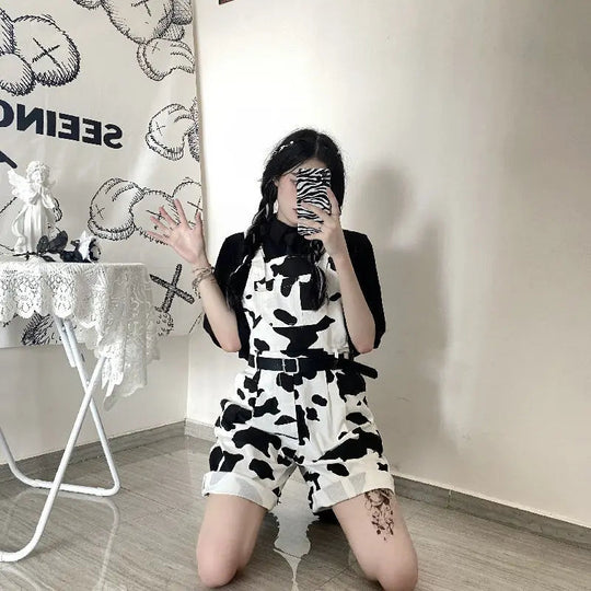 Street Hip-hop Harajuku Girl Cow Print Oneies for Women Black White Plaid Overalls Casual Jumpsuit Trousers Baggy Pants Festival Outfits | Techno Shirts | Rave Clothing