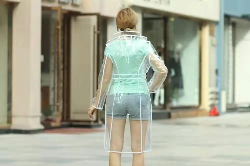 Wasserdichter, transparenter Kunststoff, durchsichtig, lange Damen-Regenmäntel, Damen- und Herrenmode, Regenmantel, Jacken mit Kapuze und Gürtel Festival Outfits | Techno Shirts | Rave Clothing