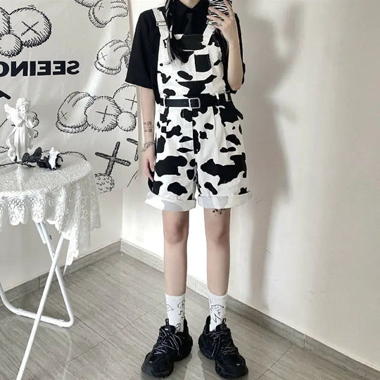 Street Hip-hop Harajuku Girl Cow Print Oneies for Women Black White Plaid Overalls Casual Jumpsuit Trousers Baggy Pants Festival Outfits | Techno Shirts | Rave Clothing