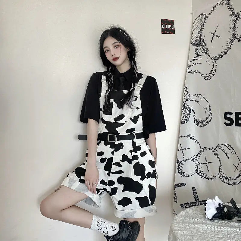 Street Hip-hop Harajuku Girl Cow Print Oneies for Women Black White Plaid Overalls Casual Jumpsuit Trousers Baggy Pants Festival Outfits | Techno Shirts | Rave Clothing