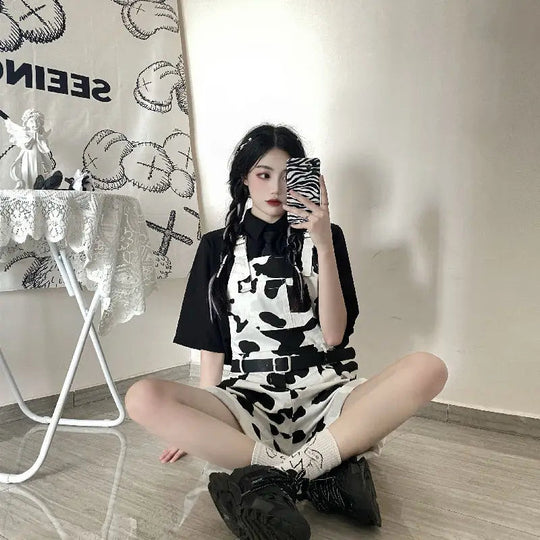 Street Hip-hop Harajuku Girl Cow Print Oneies for Women Black White Plaid Overalls Casual Jumpsuit Trousers Baggy Pants Festival Outfits | Techno Shirts | Rave Clothing