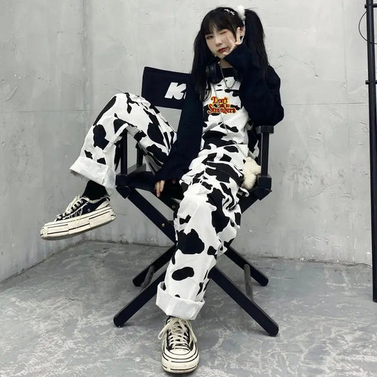 Street Hip-hop Harajuku Girl Cow Print Oneies for Women Black White Plaid Overalls Casual Jumpsuit Trousers Baggy Pants Festival Outfits | Techno Shirts | Rave Clothing