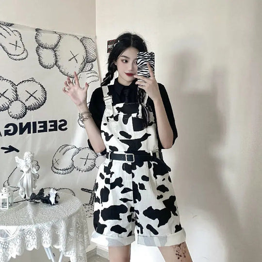 Street Hip-hop Harajuku Girl Cow Print Oneies for Women Black White Plaid Overalls Casual Jumpsuit Trousers Baggy Pants Festival Outfits | Techno Shirts | Rave Clothing