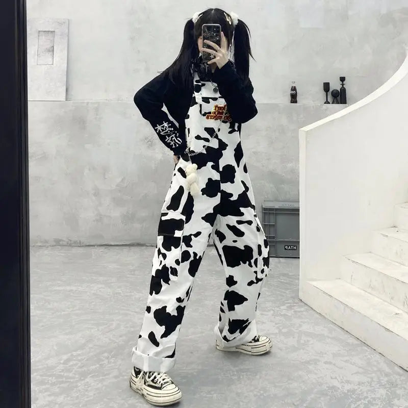 Street Hip-hop Harajuku Girl Cow Print Oneies for Women Black White Plaid Overalls Casual Jumpsuit Trousers Baggy Pants Festival Outfits | Techno Shirts | Rave Clothing