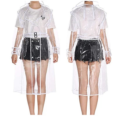 Wasserdichter, transparenter Kunststoff, durchsichtig, lange Damen-Regenmäntel, Damen- und Herrenmode, Regenmantel, Jacken mit Kapuze und Gürtel Festival Outfits | Techno Shirts | Rave Clothing