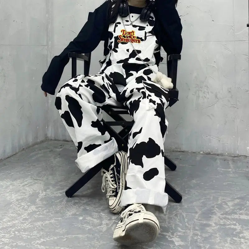 Street Hip-hop Harajuku Girl Cow Print Oneies for Women Black White Plaid Overalls Casual Jumpsuit Trousers Baggy Pants Festival Outfits | Techno Shirts | Rave Clothing