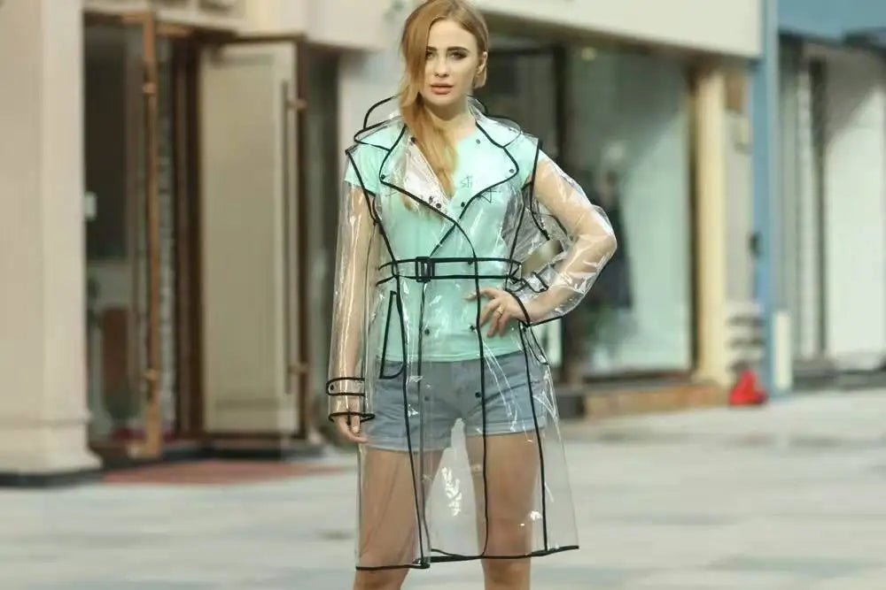 Wasserdichter, transparenter Kunststoff, durchsichtig, lange Damen-Regenmäntel, Damen- und Herrenmode, Regenmantel, Jacken mit Kapuze und Gürtel Festival Outfits | Techno Shirts | Rave Clothing