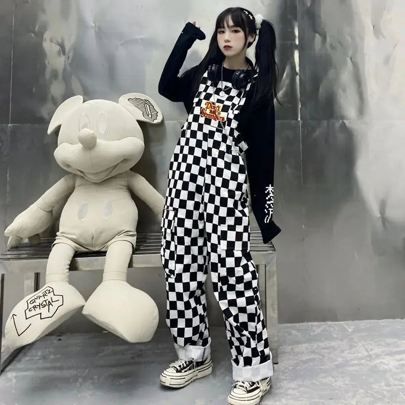 Street Hip-hop Harajuku Girl Cow Print Oneies for Women Black White Plaid Overalls Casual Jumpsuit Trousers Baggy Pants Festival Outfits | Techno Shirts | Rave Clothing