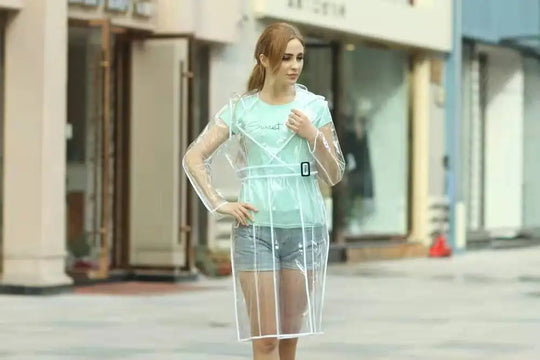 Wasserdichter, transparenter Kunststoff, durchsichtig, lange Damen-Regenmäntel, Damen- und Herrenmode, Regenmantel, Jacken mit Kapuze und Gürtel Festival Outfits | Techno Shirts | Rave Clothing