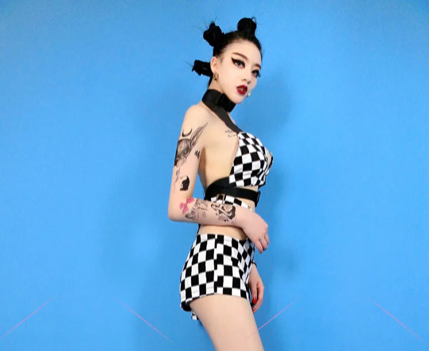 DS Kostüm Sängerin Dj Bar Nachtclub Rave Outfit Jazz Dance Kleidung Gitter Bh Shorts Frauen Pole Dance Tragen DNV13135 Festival Outfits | Techno Shirts | Rave Clothing