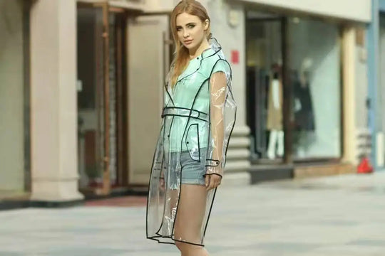 Wasserdichter, transparenter Kunststoff, durchsichtig, lange Damen-Regenmäntel, Damen- und Herrenmode, Regenmantel, Jacken mit Kapuze und Gürtel Festival Outfits | Techno Shirts | Rave Clothing