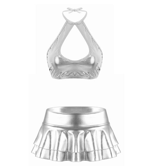 Metallic glänzendes ärmelloses Neckholder-Oberteil aus geschnittenes Riemchen-Oberteil mit Rüschen-Minirock-Tanz kleid zweiteiliges Outfit-Set Festival Outfits | Techno Shirts | Rave Clothing