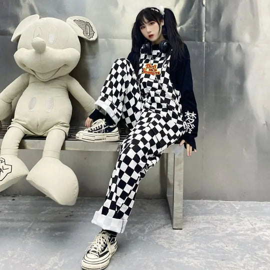 Street Hip-hop Harajuku Girl Cow Print Oneies for Women Black White Plaid Overalls Casual Jumpsuit Trousers Baggy Pants Festival Outfits | Techno Shirts | Rave Clothing