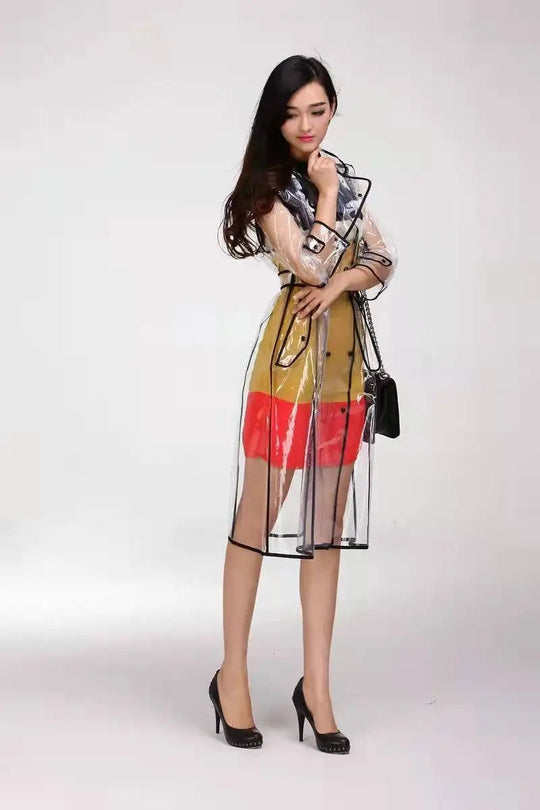 Wasserdichter, transparenter Kunststoff, durchsichtig, lange Damen-Regenmäntel, Damen- und Herrenmode, Regenmantel, Jacken mit Kapuze und Gürtel Festival Outfits | Techno Shirts | Rave Clothing