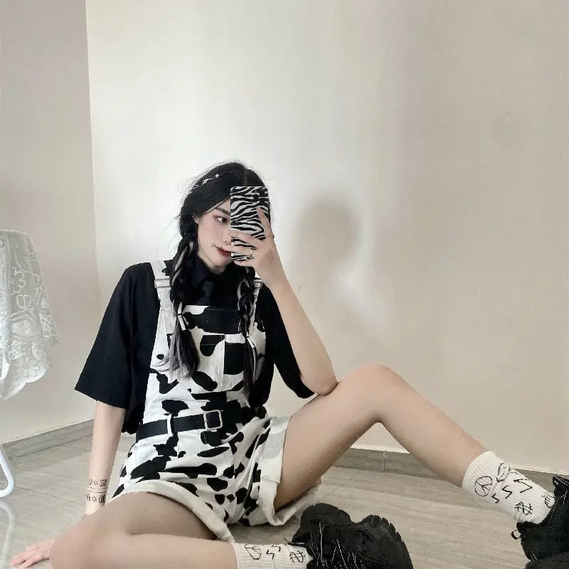 Street Hip-hop Harajuku Girl Cow Print Oneies for Women Black White Plaid Overalls Casual Jumpsuit Trousers Baggy Pants Festival Outfits | Techno Shirts | Rave Clothing