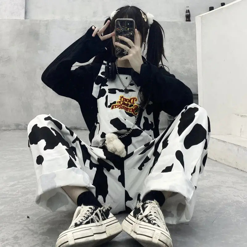 Street Hip-hop Harajuku Girl Cow Print Oneies for Women Black White Plaid Overalls Casual Jumpsuit Trousers Baggy Pants Festival Outfits | Techno Shirts | Rave Clothing