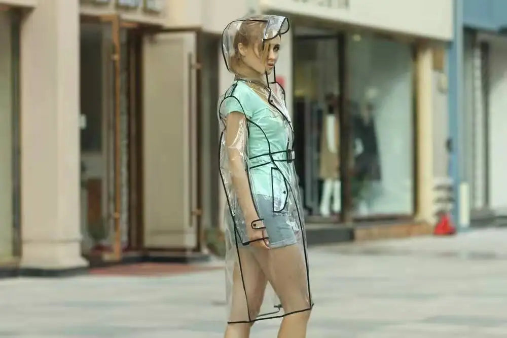 Wasserdichter, transparenter Kunststoff, durchsichtig, lange Damen-Regenmäntel, Damen- und Herrenmode, Regenmantel, Jacken mit Kapuze und Gürtel Festival Outfits | Techno Shirts | Rave Clothing