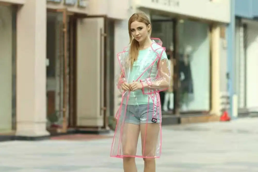 Wasserdichter, transparenter Kunststoff, durchsichtig, lange Damen-Regenmäntel, Damen- und Herrenmode, Regenmantel, Jacken mit Kapuze und Gürtel Festival Outfits | Techno Shirts | Rave Clothing