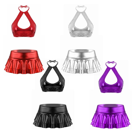 Metallic glänzendes ärmelloses Neckholder-Oberteil aus geschnittenes Riemchen-Oberteil mit Rüschen-Minirock-Tanz kleid zweiteiliges Outfit-Set Festival Outfits | Techno Shirts | Rave Clothing