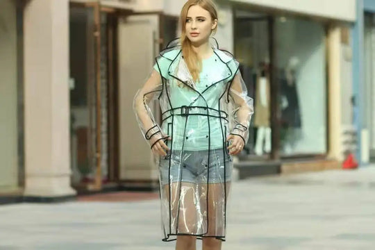 Wasserdichter, transparenter Kunststoff, durchsichtig, lange Damen-Regenmäntel, Damen- und Herrenmode, Regenmantel, Jacken mit Kapuze und Gürtel Festival Outfits | Techno Shirts | Rave Clothing