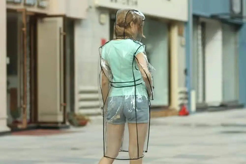 Wasserdichter, transparenter Kunststoff, durchsichtig, lange Damen-Regenmäntel, Damen- und Herrenmode, Regenmantel, Jacken mit Kapuze und Gürtel Festival Outfits | Techno Shirts | Rave Clothing