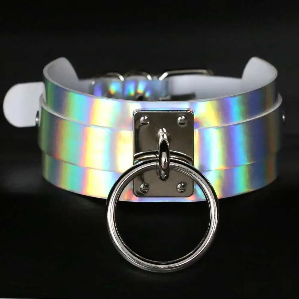 Holographic Rainbow Choker Chain necklace Punk  Leather Collar Women Holo Chocker Rave Festival Costume Jewelry Festival Outfits | Techno Shirts | Rave Clothing