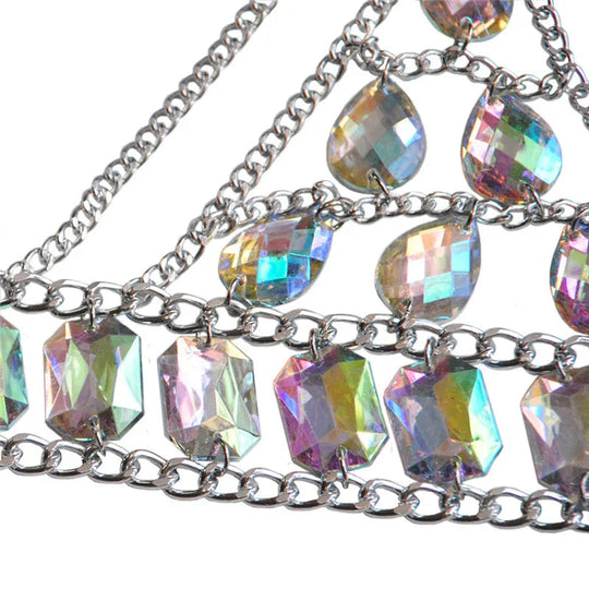 FestivalQueen Damen-Set mit Pailletten, Metall-Körperkette, Patchwork, 2-teiliges Rock-Set, Festival-Rave-Outfits, BH-Oberteil, Sommer 2022 Festival Outfits | Techno Shirts | Rave Clothing