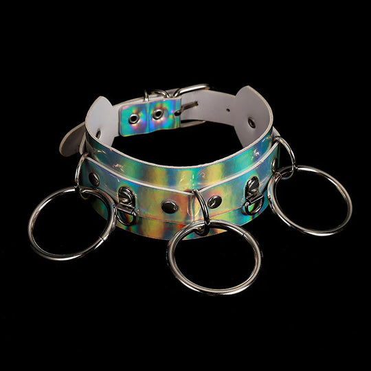 Holographic Rainbow Choker Chain necklace Punk  Leather Collar Women Holo Chocker Rave Festival Costume Jewelry Festival Outfits | Techno Shirts | Rave Clothing