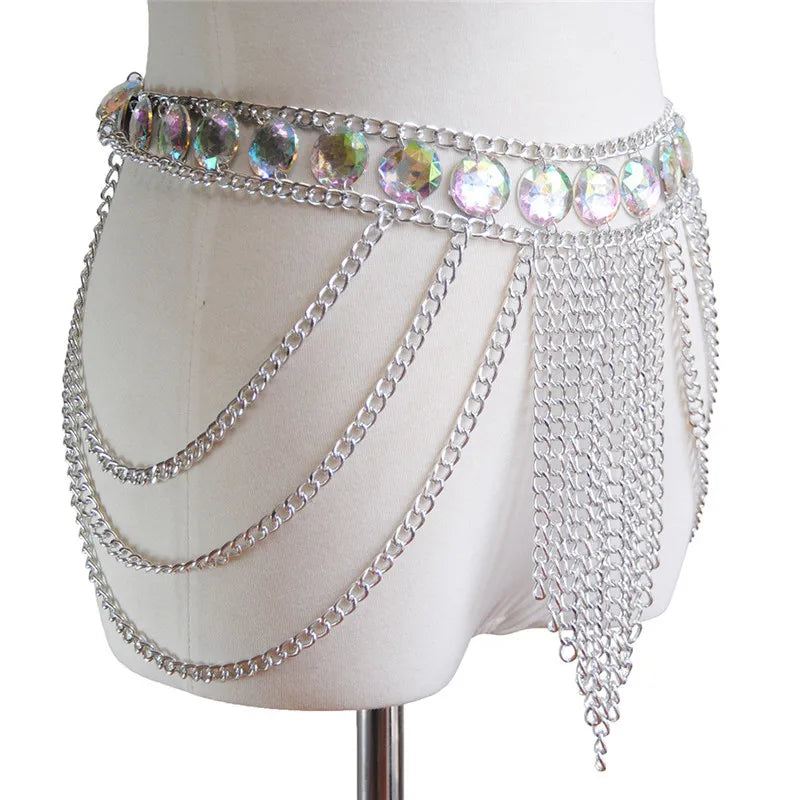 FestivalQueen Damen-Set mit Pailletten, Metall-Körperkette, Patchwork, 2-teiliges Rock-Set, Festival-Rave-Outfits, BH-Oberteil, Sommer 2022 Festival Outfits | Techno Shirts | Rave Clothing