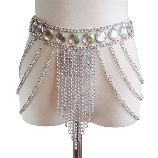 FestivalQueen Damen-Set mit Pailletten, Metall-Körperkette, Patchwork, 2-teiliges Rock-Set, Festival-Rave-Outfits, BH-Oberteil, Sommer 2022 Festival Outfits | Techno Shirts | Rave Clothing