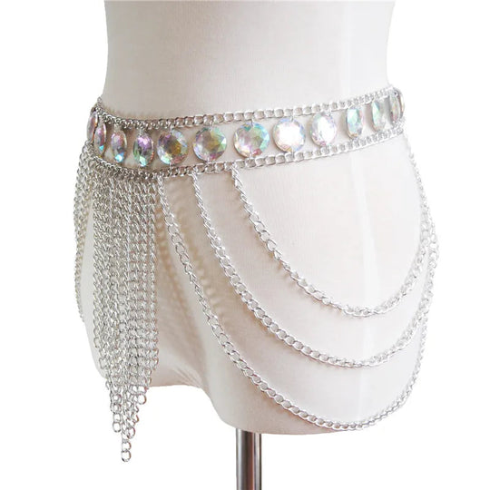 FestivalQueen Damen-Set mit Pailletten, Metall-Körperkette, Patchwork, 2-teiliges Rock-Set, Festival-Rave-Outfits, BH-Oberteil, Sommer 2022 Festival Outfits | Techno Shirts | Rave Clothing