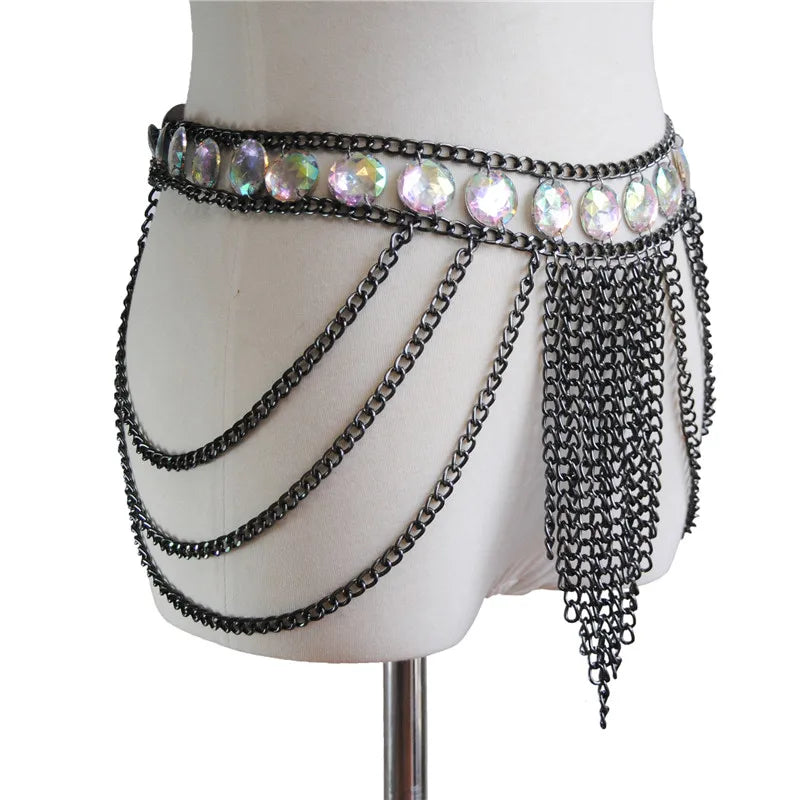 FestivalQueen Damen-Set mit Pailletten, Metall-Körperkette, Patchwork, 2-teiliges Rock-Set, Festival-Rave-Outfits, BH-Oberteil, Sommer 2022 Festival Outfits | Techno Shirts | Rave Clothing