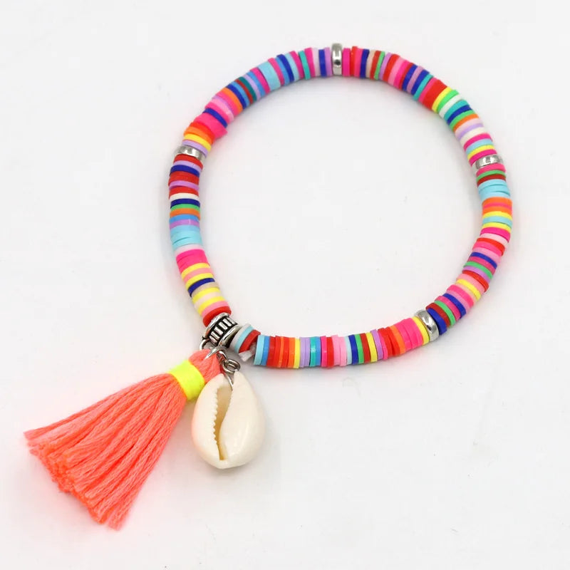 Handgemachte Schmuck Boho Armbänder für Frauen Mode Bunte Polymer Clay Perlen Shell Quaste Armband Geschenke für Weibliche Mädchen Festival Outfits | Techno Shirts | Rave Clothing