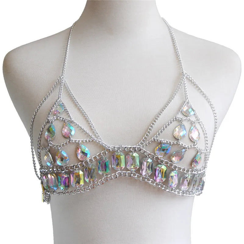 FestivalQueen Damen-Set mit Pailletten, Metall-Körperkette, Patchwork, 2-teiliges Rock-Set, Festival-Rave-Outfits, BH-Oberteil, Sommer 2022 Festival Outfits | Techno Shirts | Rave Clothing