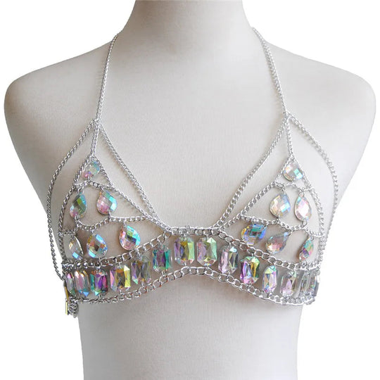 FestivalQueen Damen-Set mit Pailletten, Metall-Körperkette, Patchwork, 2-teiliges Rock-Set, Festival-Rave-Outfits, BH-Oberteil, Sommer 2022 Festival Outfits | Techno Shirts | Rave Clothing