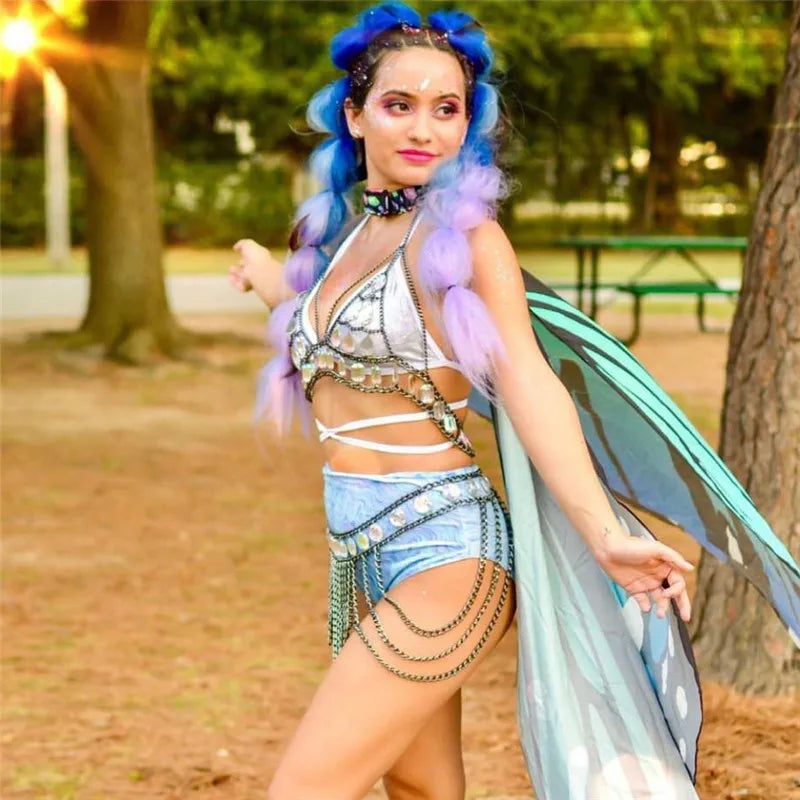 FestivalQueen Damen-Set mit Pailletten, Metall-Körperkette, Patchwork, 2-teiliges Rock-Set, Festival-Rave-Outfits, BH-Oberteil, Sommer 2022 Festival Outfits | Techno Shirts | Rave Clothing