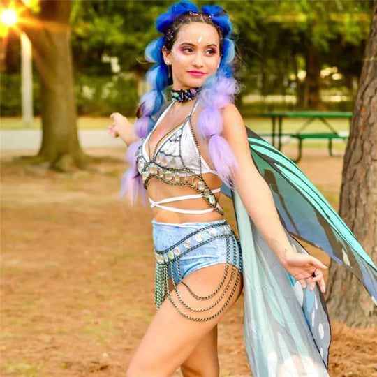 FestivalQueen Damen-Set mit Pailletten, Metall-Körperkette, Patchwork, 2-teiliges Rock-Set, Festival-Rave-Outfits, BH-Oberteil, Sommer 2022 Festival Outfits | Techno Shirts | Rave Clothing