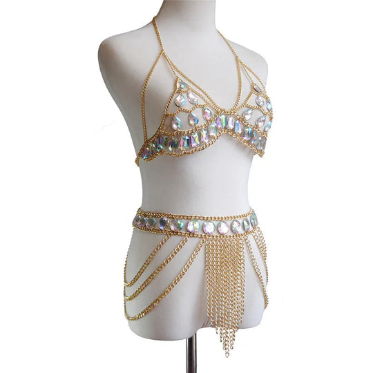 FestivalQueen Damen-Set mit Pailletten, Metall-Körperkette, Patchwork, 2-teiliges Rock-Set, Festival-Rave-Outfits, BH-Oberteil, Sommer 2022 Festival Outfits | Techno Shirts | Rave Clothing