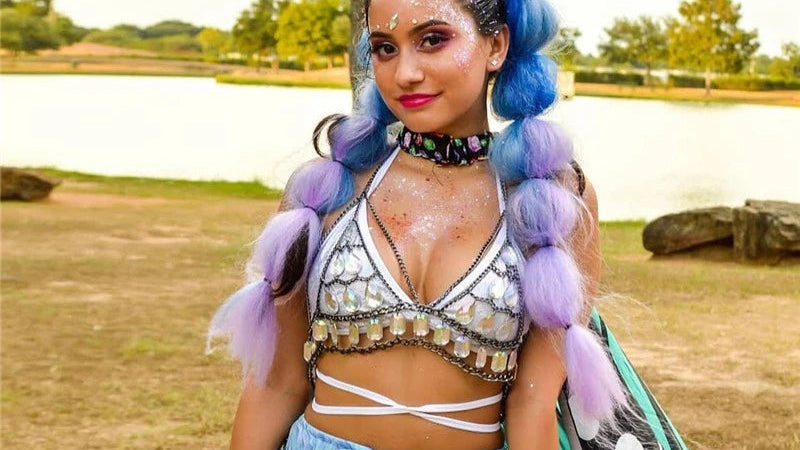 Festival outfit Damen-Set mit Pailletten, Metall-Körperkette, Patchwork, 2-teiliges Rock-Set, Festival-Rave-Outfits, BH-Oberteil, Sommer 2025 Festival Outfits | Techno Shirts | Rave Clothing