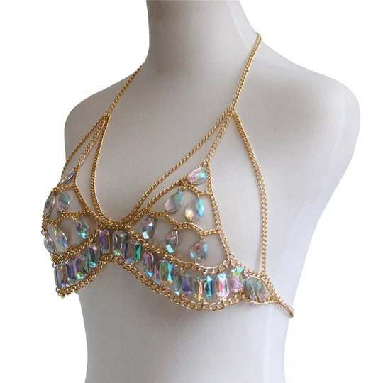 FestivalQueen Damen-Set mit Pailletten, Metall-Körperkette, Patchwork, 2-teiliges Rock-Set, Festival-Rave-Outfits, BH-Oberteil, Sommer 2022 Festival Outfits | Techno Shirts | Rave Clothing