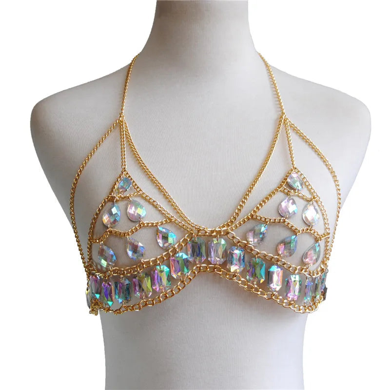 FestivalQueen Damen-Set mit Pailletten, Metall-Körperkette, Patchwork, 2-teiliges Rock-Set, Festival-Rave-Outfits, BH-Oberteil, Sommer 2022 Festival Outfits | Techno Shirts | Rave Clothing