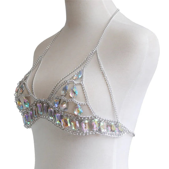 FestivalQueen Damen-Set mit Pailletten, Metall-Körperkette, Patchwork, 2-teiliges Rock-Set, Festival-Rave-Outfits, BH-Oberteil, Sommer 2022 Festival Outfits | Techno Shirts | Rave Clothing