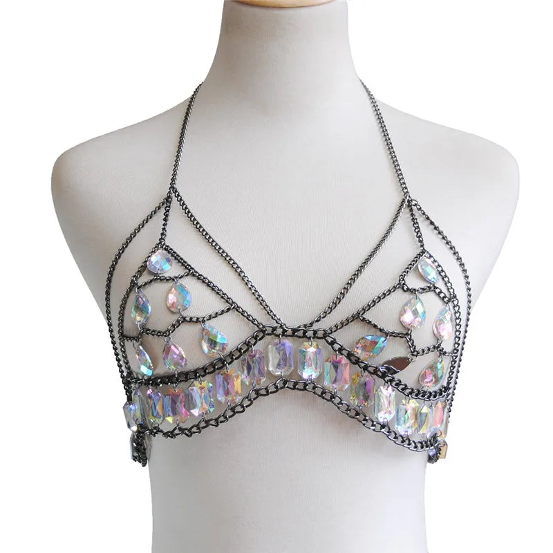 FestivalQueen Damen-Set mit Pailletten, Metall-Körperkette, Patchwork, 2-teiliges Rock-Set, Festival-Rave-Outfits, BH-Oberteil, Sommer 2022 Festival Outfits | Techno Shirts | Rave Clothing