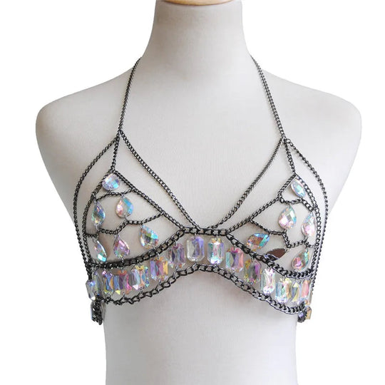 FestivalQueen Damen-Set mit Pailletten, Metall-Körperkette, Patchwork, 2-teiliges Rock-Set, Festival-Rave-Outfits, BH-Oberteil, Sommer 2022 Festival Outfits | Techno Shirts | Rave Clothing